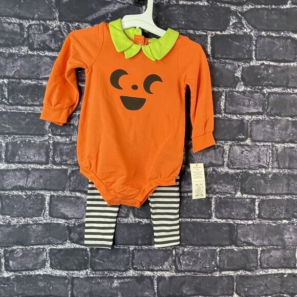 Cat & Jack Other - Cat & Jack 12 Months Pumpkin Romper Top & Striped Bottom Set